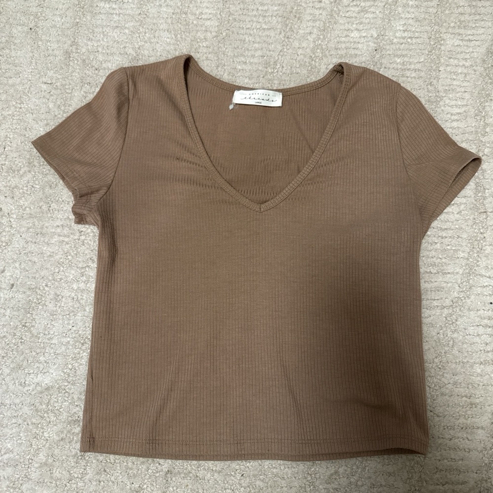 American Threads Brown V-Neck Ribbed Tee